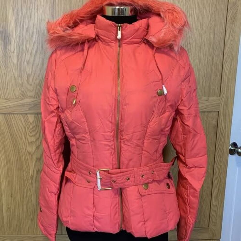 Greenlander Femme Coral Puffer Jacket Fur Hood Belted Women Puffer Pink Zipper